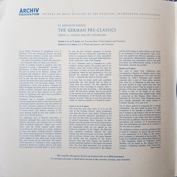 Georg Philipp Telemann : Sonata A Tre D-dur / Quartett D-moll (10", Mono, RE)