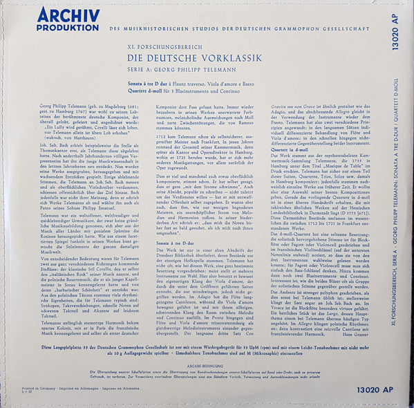 Georg Philipp Telemann : Sonata A Tre D-dur / Quartett D-moll (10", Mono, RE)