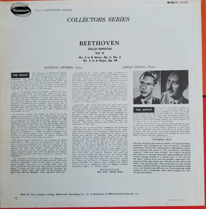Ludwig van Beethoven, Antonio Janigro, Carlo Zecchi : Cello Sonatas Volume 2 (LP, Album, Mono, RE, RP)