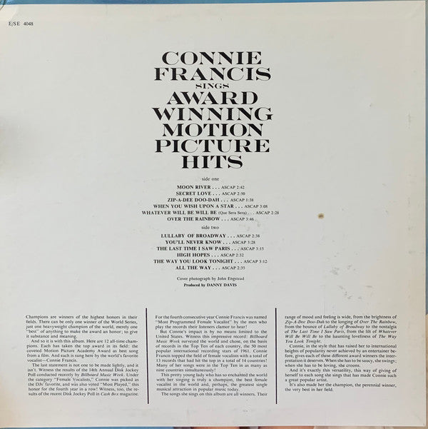 Connie Francis : Sings Award Winning Motion Picture Hits (LP, Album, MGM)