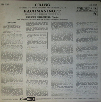 Edvard Grieg, Sergei Vasilyevich Rachmaninoff - Philippe Entremont, The Philadelphia Orchestra, Eugene Ormandy : Concerto In A Minor For Piano And Orchestra, Op. 16 / Rhapsody On A Theme Of Paganini, Op. 43 (LP)