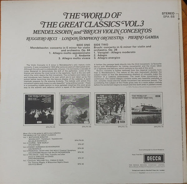 Felix Mendelssohn-Bartholdy, Max Bruch, Ruggiero Ricci, London Symphony Orchestra, Pierino Gamba : The World Of The Great Classics Vol.3 (LP)