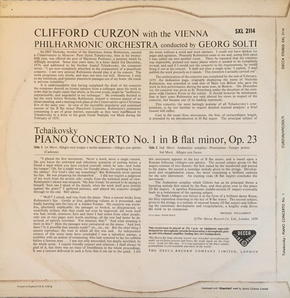 Pyotr Ilyich Tchaikovsky, Clifford Curzon, Wiener Philharmoniker, Georg Solti : Piano Concerto No. 1 (LP, ED1)