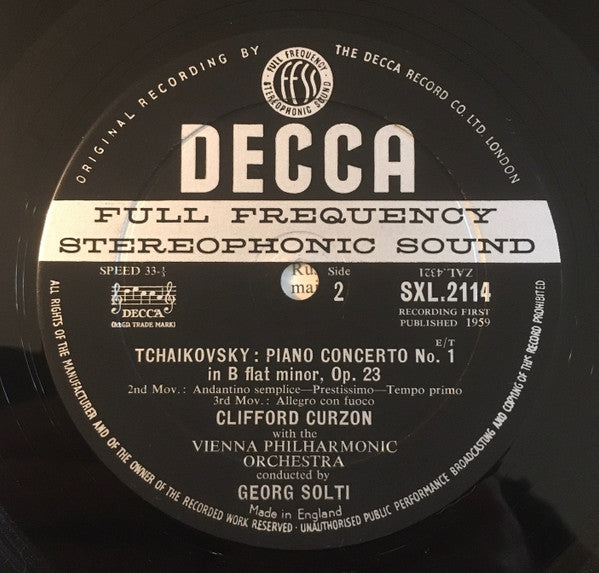 Pyotr Ilyich Tchaikovsky, Clifford Curzon, Wiener Philharmoniker, Georg Solti : Piano Concerto No. 1 (LP, ED1)