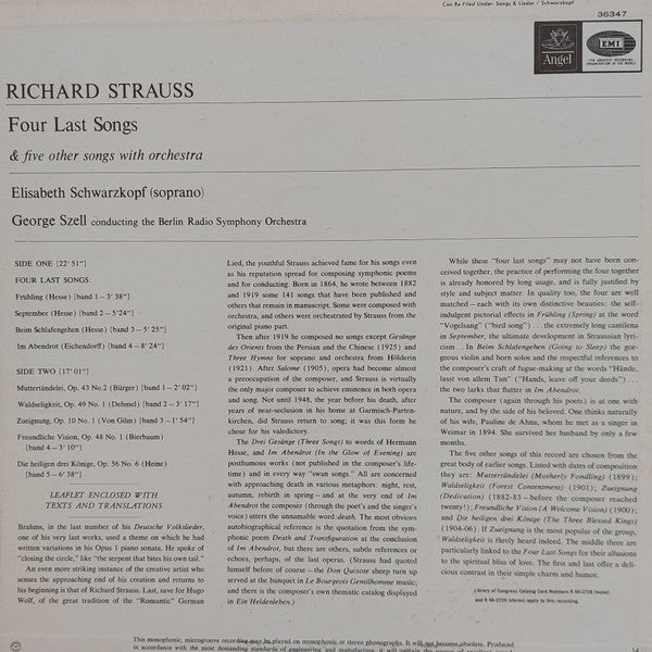 Richard Strauss / Elisabeth Schwarzkopf, George Szell, Radio-Symphonie-Orchester Berlin : Four Last Songs And Five Other Songs With Orchestra (LP, Album, RP)