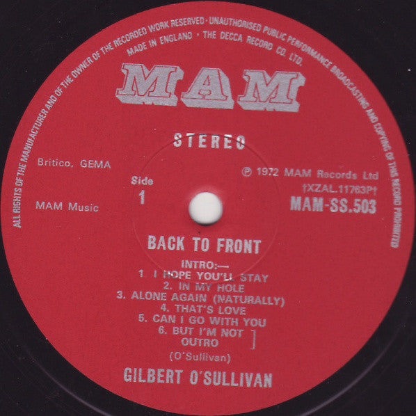 Gilbert O'Sullivan : Back To Front (LP, Album)