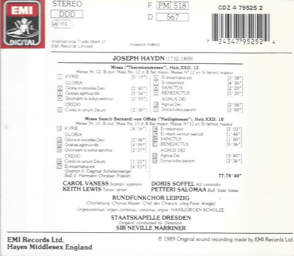 Joseph Haydn - Carol Vaness, Doris Soffel, Keith Lewis (4), Petteri Salomaa, Rundfunkchor Leipzig, Staatskapelle Dresden, Sir Neville Marriner : Theresienmesse - Heiligmesse (CD, Album, RE)
