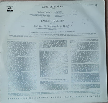 Günter Bialas / Paul Hindemith - Heinz Dressel, Das Folkwang-Kammerorchester : Sinfonia Piccola / Serenata Für Streichorchester / Fünf Stücke Für Streichorchester Op.44, N.IV (LP, Album, Mono)