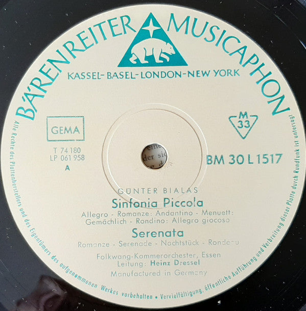 Günter Bialas / Paul Hindemith - Heinz Dressel, Das Folkwang-Kammerorchester : Sinfonia Piccola / Serenata Für Streichorchester / Fünf Stücke Für Streichorchester Op.44, N.IV (LP, Album, Mono)