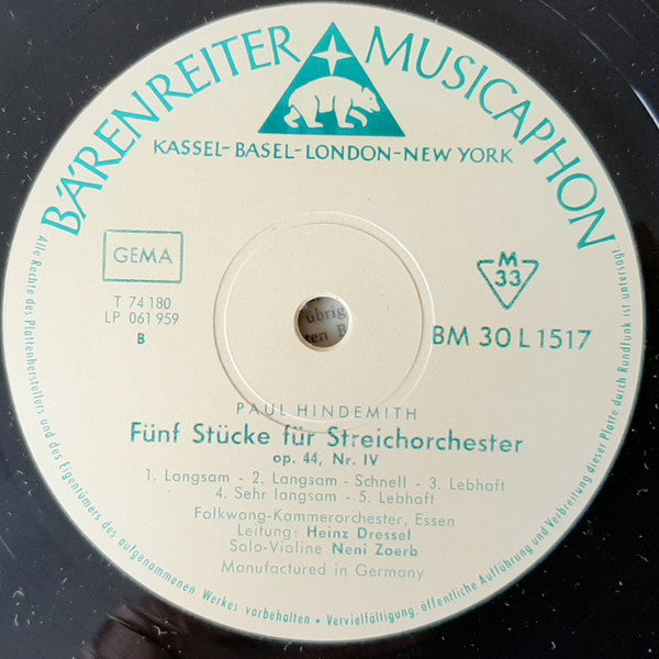 Günter Bialas / Paul Hindemith - Heinz Dressel, Das Folkwang-Kammerorchester : Sinfonia Piccola / Serenata Für Streichorchester / Fünf Stücke Für Streichorchester Op.44, N.IV (LP, Album, Mono)