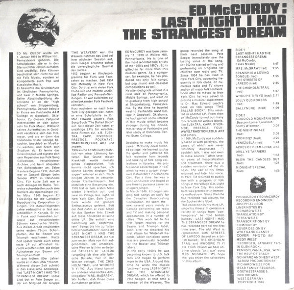 Ed McCurdy :  Last Night I Had The Strangest Dream (LP, Album)