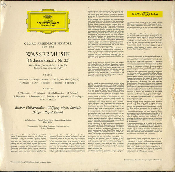 Georg Friedrich Händel / Rafael Kubelik / Berliner Philharmoniker : Wassermusik - Water Music (Complete) (LP, RP)