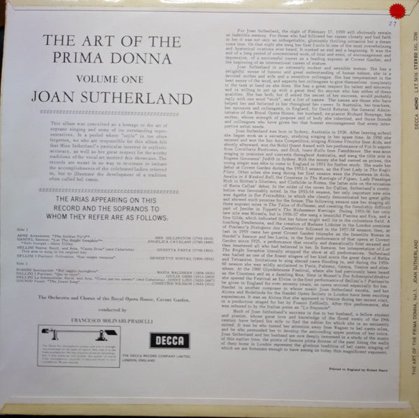 Joan Sutherland With Orchestra Of The Royal Opera House, Covent Garden And Chorus Of The Royal Opera House, Covent Garden Conducted By Francesco Molinari-Pradelli : The Art Of The Prima Donna. Vol. 1 (LP, Mono)