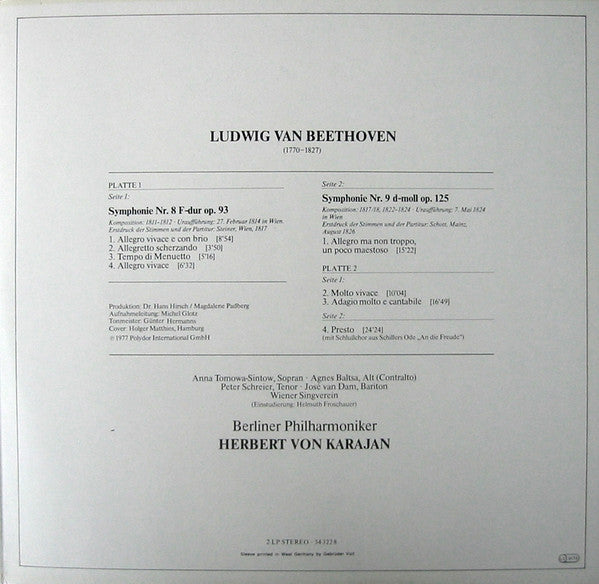 Ludwig van Beethoven - Herbert von Karajan, Anna Tomowa-Sintow, Agnes Baltsa, Peter Schreier, José van Dam, Wiener Singverein, Berliner Philharmoniker : Symphonie Nr. 9 - Symphonie Nr. 8 (2xLP, Club, Fol)