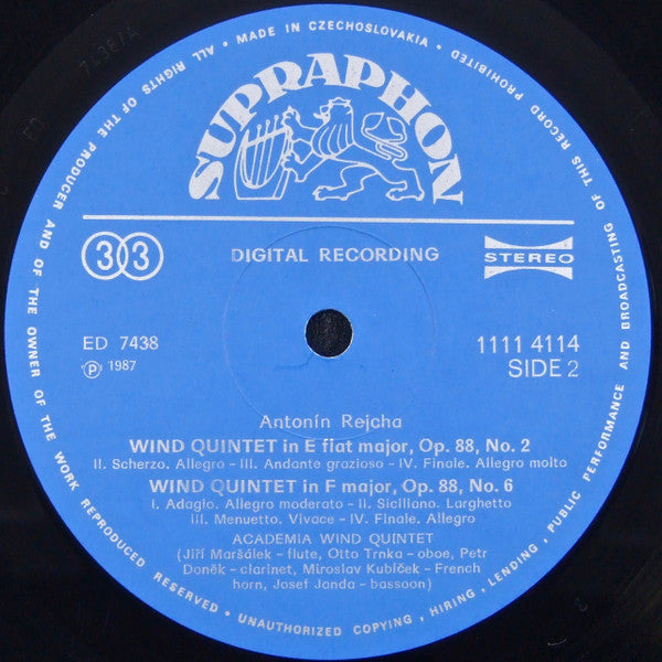 Anton Reicha : Academia Wind Quintet Prague : Wind Quintets Op. 88, Nos 2/6, Op. 91, No. 7 (LP)