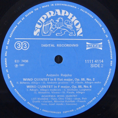 Anton Reicha : Academia Wind Quintet Prague : Wind Quintets Op. 88, Nos 2/6, Op. 91, No. 7 (LP)