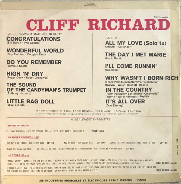 Cliff Richard : Congratulations To Cliff (LP, Comp, Fli)