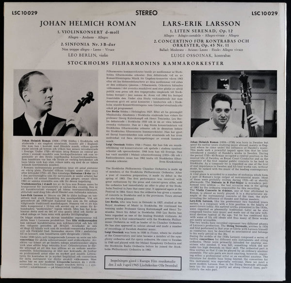 Johan Helmich Roman, Lars-Erik Larsson, Stockholms Filharmonins Kammarorkester : Roman / Larsson  (LP, Album)