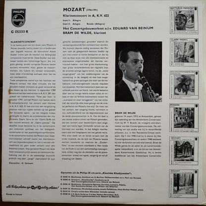 Wolfgang Amadeus Mozart, Concertgebouworkest, Eduard van Beinum, Bram de Wilde : Klarinetconcert in A, KV 622 (10")