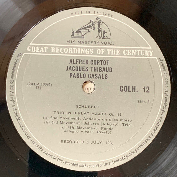 Alfred Cortot • Jacques Thibaud • Pablo Casals – Joseph Haydn • Franz Schubert : Trio In G Major, Op. 73, No. 2 Haydn; Trio In B Flat Major, Op. 99 Schubert (LP, Mono, Blu)