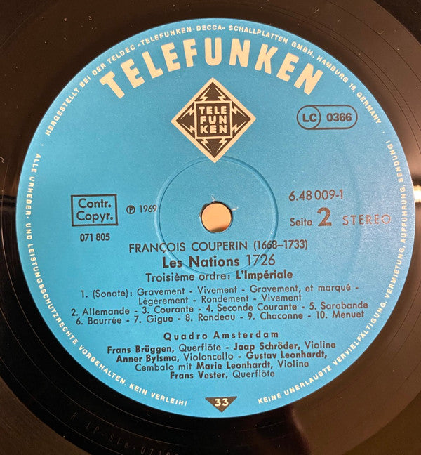 François Couperin, Quadro Amsterdam, Frans Brüggen, Jaap Schröder, Anner Bylsma, Gustav Leonhardt : Les Nations (2xLP)