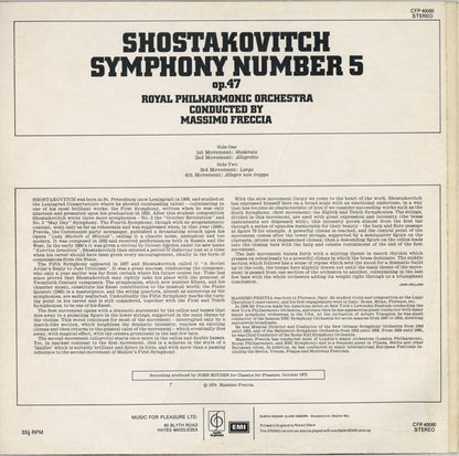 Dmitri Shostakovich - Royal Philharmonic Orchestra, Massimo Freccia : Symphony Number 5 (LP)