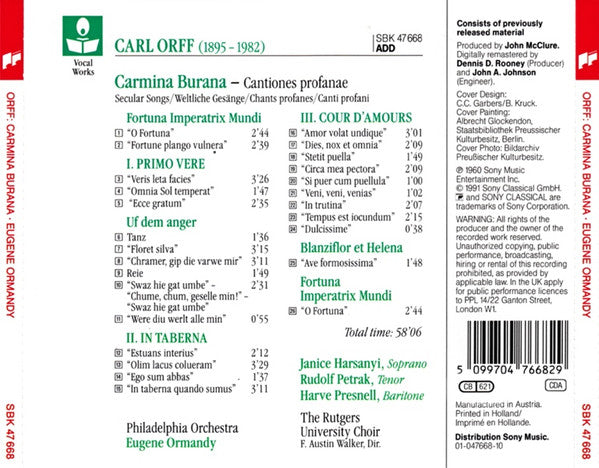Carl Orff - Janice Harsanyi, Rudolf Petrak, Harve Presnell, The Philadelphia Orchestra, The Rutgers University Choir, Eugene Ormandy : Carmina Burana (CD, Album, RE)