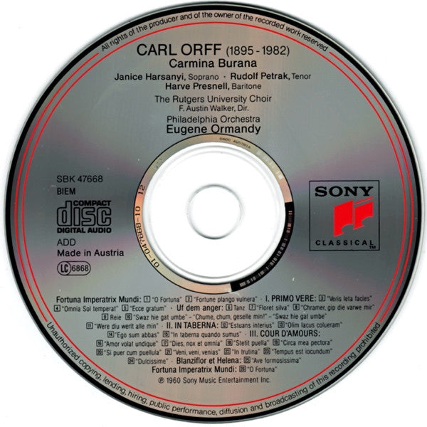 Carl Orff - Janice Harsanyi, Rudolf Petrak, Harve Presnell, The Philadelphia Orchestra, The Rutgers University Choir, Eugene Ormandy : Carmina Burana (CD, Album, RE)