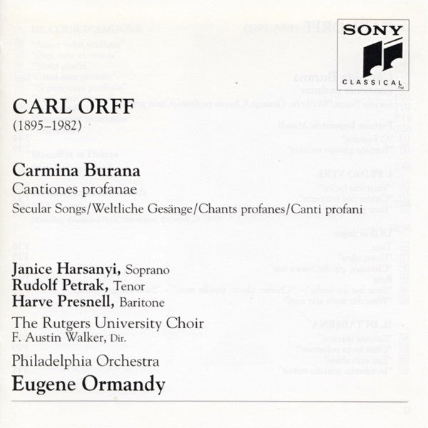 Carl Orff - Janice Harsanyi, Rudolf Petrak, Harve Presnell, The Philadelphia Orchestra, The Rutgers University Choir, Eugene Ormandy : Carmina Burana (CD, Album, RE)