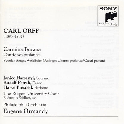 Carl Orff - Janice Harsanyi, Rudolf Petrak, Harve Presnell, The Philadelphia Orchestra, The Rutgers University Choir, Eugene Ormandy : Carmina Burana (CD, Album, RE)