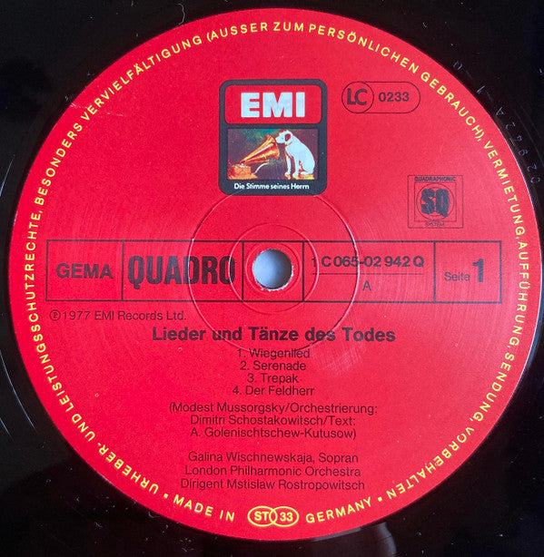 Galina Vishnevskaya, Mstislav Rostropovich, London Philharmonic Orchestra : Lieder Und Tänze Des Todes (LP, Quad)