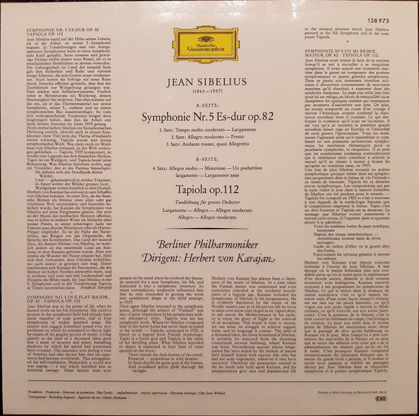 Jean Sibelius, Berliner Philharmoniker, Herbert von Karajan : Symphonie Nr. 5 Op. 82 • Tapiola Op. 112 (LP, Album, RE)