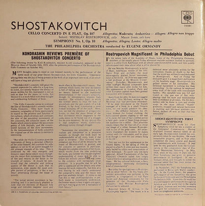 Dmitri Shostakovich - Mstislav Rostropovich, The Philadelphia Orchestra, Eugene Ormandy : Concerto For Cello In E Flat, Op. 107 / Symphony No. 1 In F Major, Op. 10 (LP, RE)