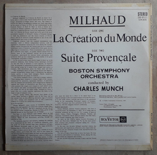 Darius Milhaud, Charles Munch, Boston Symphony Orchestra : La Création Du Monde - Suite Provençale (LP, Album, Fir)