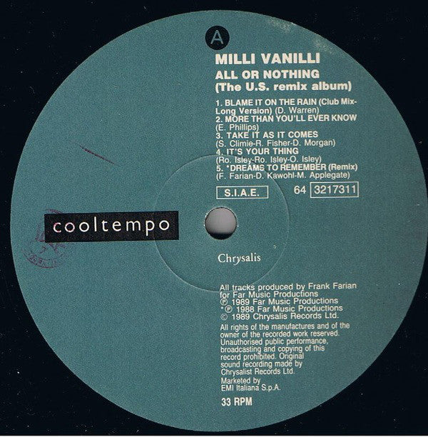Milli Vanilli : All Or Nothing (The U.S. Remix Album) (LP, Album)