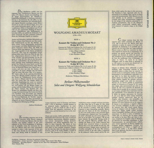 Wolfgang Amadeus Mozart - Berliner Philharmoniker, Wolfgang Schneiderhan : Violinkonzerte Nr. 2 D-Dur KV 211 / Nr. 3 G-Dur KV 216 (LP, Album, RE)