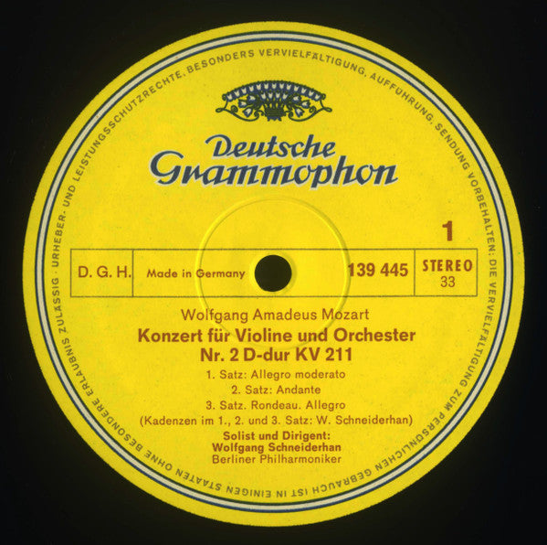 Wolfgang Amadeus Mozart - Berliner Philharmoniker, Wolfgang Schneiderhan : Violinkonzerte Nr. 2 D-Dur KV 211 / Nr. 3 G-Dur KV 216 (LP, Album, RE)