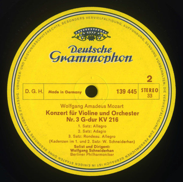 Wolfgang Amadeus Mozart - Berliner Philharmoniker, Wolfgang Schneiderhan : Violinkonzerte Nr. 2 D-Dur KV 211 / Nr. 3 G-Dur KV 216 (LP, Album, RE)