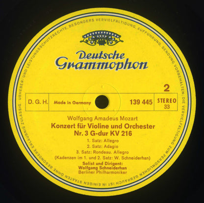 Wolfgang Amadeus Mozart - Berliner Philharmoniker, Wolfgang Schneiderhan : Violinkonzerte Nr. 2 D-Dur KV 211 / Nr. 3 G-Dur KV 216 (LP, Album, RE)