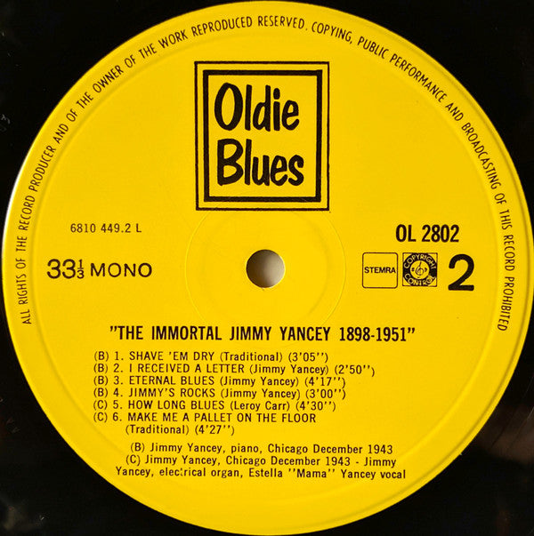 Jimmy Yancey : "The Immortal" Jimmy Yancey 1898-1951 (LP, Comp, Mono)