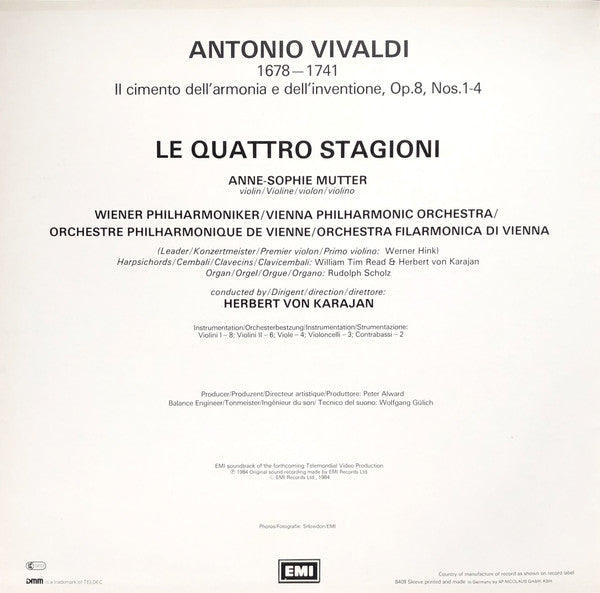 Antonio Vivaldi, Anne-Sophie Mutter, Herbert Von Karajan, Wiener Philharmoniker : Le Quattro Stagioni = The Four Seasons = Die Vier Jahreszeiten (LP, Album, Gat)