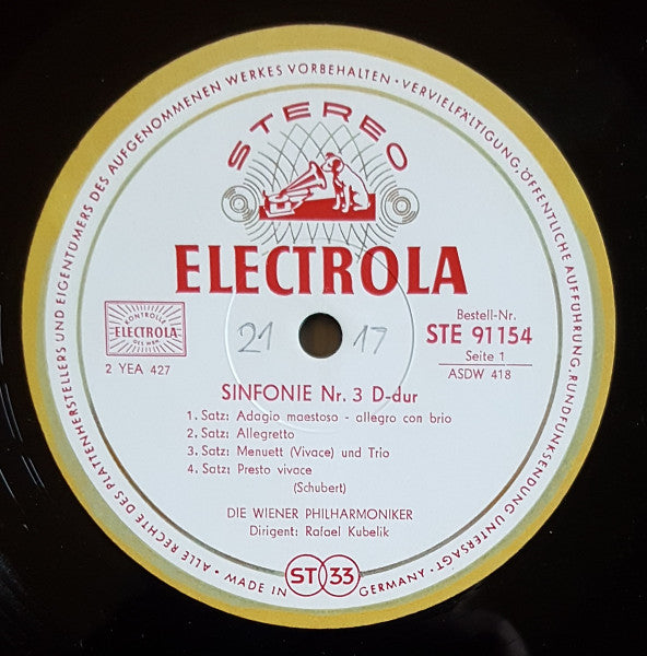 Franz Schubert, Wiener Philharmoniker, Rafael Kubelik : Dritte Sinfonie - Vierte Sinfonie (LP, Album)