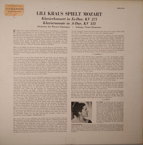 Lili Kraus Spielt Wolfgang Amadeus Mozart – Orchester Der Wiener Staatsoper, Victor Desarzens : Klavierkonzert Nr. 9 In Es-Dur, KV 271 / Klaviersonate Nr. 11 In A-Dur, KV 331 (LP, Mono)