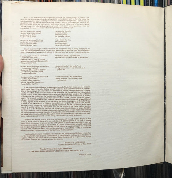 Ľudová Hudba Eugena Farkaša : Slovak Folk Songs (LP, Album)