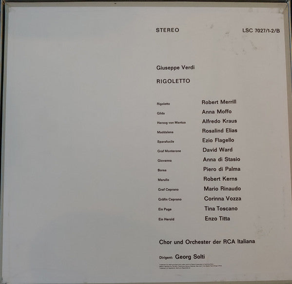 Giuseppe Verdi - Anna Moffo, Robert Merrill, Alfredo Kraus, Rosalind Elias, Ezio Flagello, Georg Solti : Rigoletto (2xLP, Album, RE + Box)