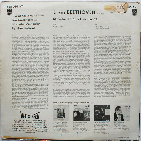 Robert Casadesus, Concertgebouworkest, Hans Rosbaud : Beethoven Klavierkonzert Nr. 5 Es-Dur Op. 73 (LP)