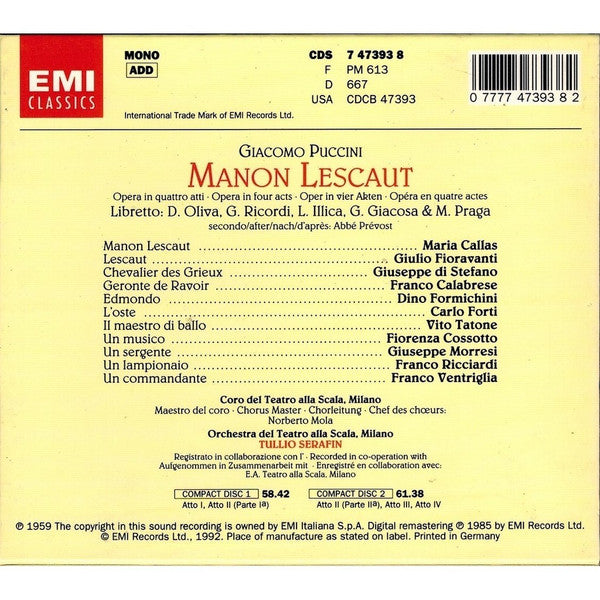 Giacomo Puccini - Maria Callas, Giuseppe di Stefano, Giulio Fioravanti, Orchestra Del Teatro Alla Scala E Coro Del Teatro Alla Scala, Tullio Serafin : Manon Lescaut (2xCD, Album, Mono, RE, RM + Box, Sli)