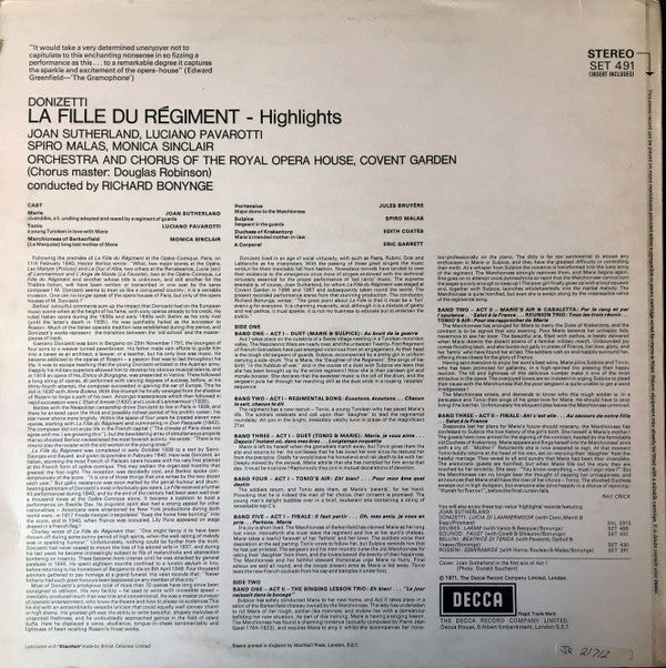 Gaetano Donizetti, Joan Sutherland, Luciano Pavarotti, Spiro Malas, Monica Sinclair, Orchestra Of The Royal Opera House, Covent Garden and Chorus Of The Royal Opera House, Covent Garden, Richard Bonynge : La Fille Du Régiment - Highlights (LP)