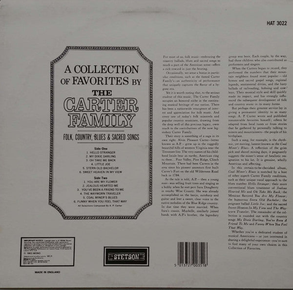 The Carter Family : A Collection Of Favorites By The Carter Family (LP, Album, Mono, RE)