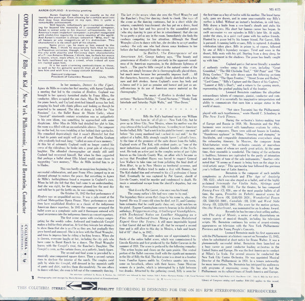 Aaron Copland - Leonard Bernstein, New York Philharmonic : Billy The Kid / Rodeo (LP, Album, RE, RP, Ter)